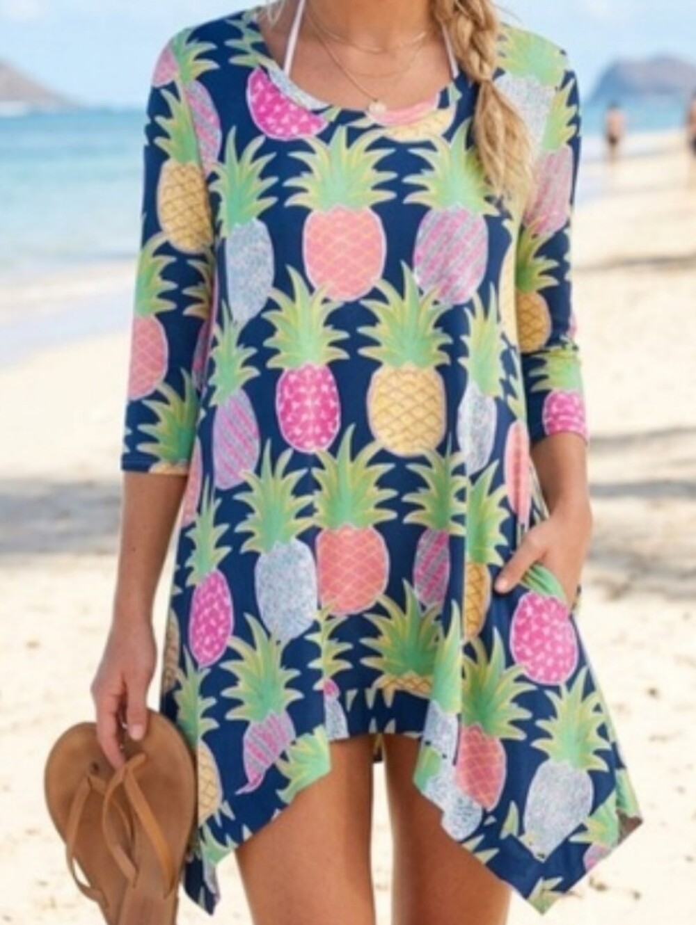 Simply Southern Pineapple Dress Shark Bite Tunic Large Beach Cover Up Stretch